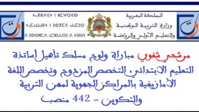 مرشحي شفوي مباراة ولوج مسلك تأهيل أساتذة التعليم الابتدائي، التخصص المزدوج وتخصص اللغة الأمازيغية بالمراكز الجهوية لمهن التربية والتكوين