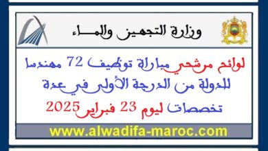 لوائح مرشحي مباراة توظيف 72 مهندسا للدولة من الدرجة الأولى في عدة تخصصات ليوم 23 فبراير 2025