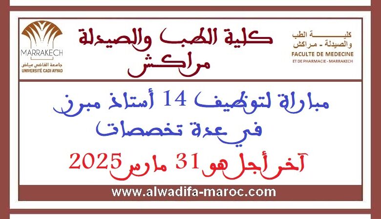 كلية الطب والصيدلة - مراكش-: مباراة لتوظيف 14 أستاذ مبرز في عدة تخصصات، آخر أجل هو 31 مارس 2025 1 كلية الطب والصيدلة - مراكش-: مباراة لتوظيف 14 أستاذ مبرز في عدة تخصصات، آخر أجل هو 31 مارس 2025