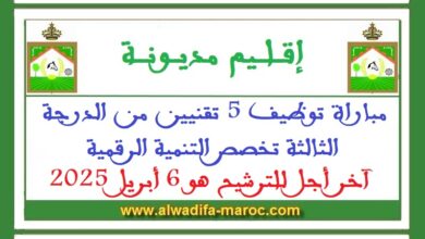 مباراة توظيف 5 تقنيين من الدرجة الثالثة تخصص التنمية الرقمية. آخر أجل للترشيح هو 6 أبريل 2025