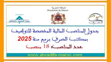 مكتب الصرف: جدول المناصب المالية المخصصة للتوظيف بمكتب الصرف برسم سنة 2025، عدد المناصب: 18 منصب