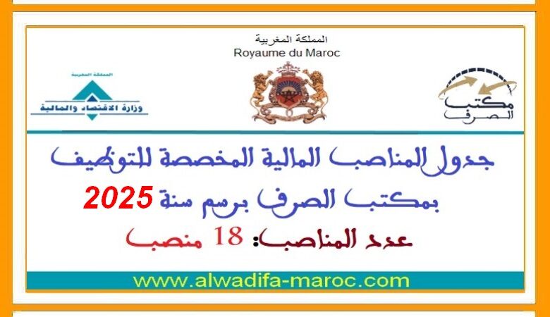 مكتب الصرف: جدول المناصب المالية المخصصة للتوظيف بمكتب الصرف برسم سنة 2025، عدد المناصب: 18 منصب