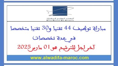 مباراة توظيف 44 تقنيا و30 تقنيا متخصصا في عدة تخصصات. آخر اجل للترشيح هو 01 مارس 2025