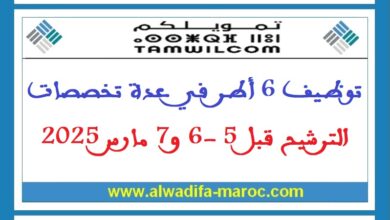 توظيف 6 أطر في عدة تخصصات. الترشيح قبل 5 -6 و7 مارس 2025