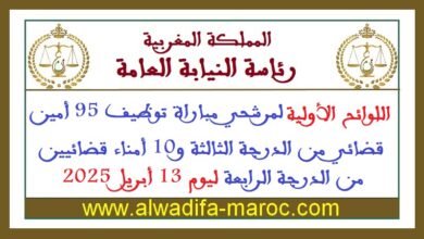 اللوائح الأولية لمرشحي مباراة توظيف 95 أمين قضائي من الدرجة الثالثة و10 أمناء قضائيين من الدرجة الرابعة ليوم 13 أبريل 2025