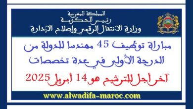 مباراة توظيف 45 مهندسا للدولة من الدرجة الأولى في عدة تخصصات. آخر أجل للترشيح هو 14 أبريل 2025