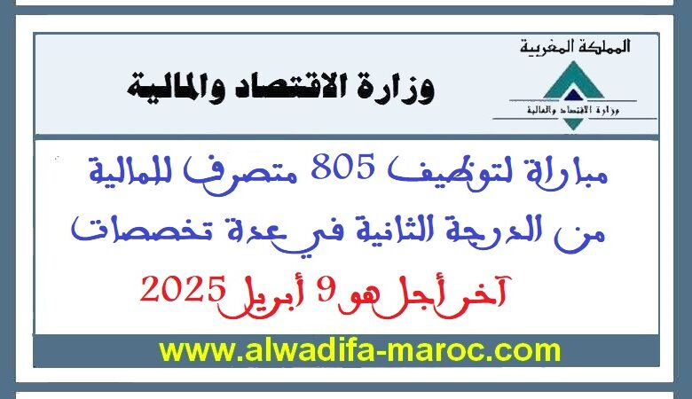 مباراة توظيف 805 متصرفا للمالية من الدرجة الثانية في عدة تخصصات، آخر أجل هو 9 أبريل 2025 1 مباراة توظيف 805 متصرفا للمالية من الدرجة الثانية في عدة تخصصات، آخر أجل هو 9 أبريل 2025