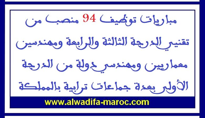 مباريات توظيف 94 منصب من تقنيي الدرجة الثالثة والرابعة ومهندسين معماريين ومهندسي دولة من الدرجة الأولى 1 مباريات توظيف 94 منصب من تقنيي الدرجة الثالثة والرابعة ومهندسين معماريين ومهندسي دولة من الدرجة الأولى