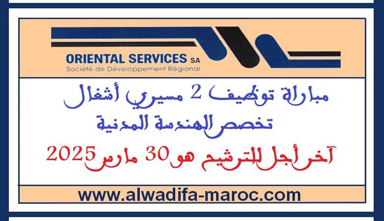 شركة التنمية الجهوية - خدمات الشرق: مباراة توظيف 2 مسيري أشغال تخصص الهندسة المدنية. آخر أجل للترشيح هو 30 مارس 2025 1 شركة التنمية الجهوية - خدمات الشرق: مباراة توظيف 2 مسيري أشغال تخصص الهندسة المدنية. آخر أجل للترشيح هو 30 مارس 2025