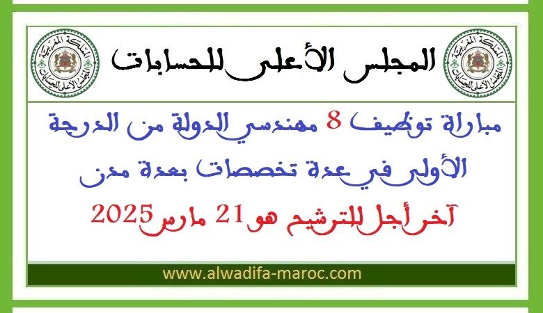 مباراة توظيف 8 مهندسي الدولة من الدرجة الأولى في عدة تخصصات بعدة مدن، آخر أجل للترشيح هو 21 مارس 2025 1 مباراة توظيف 8 مهندسي الدولة من الدرجة الأولى في عدة تخصصات بعدة مدن، آخر أجل للترشيح هو 21 مارس 2025