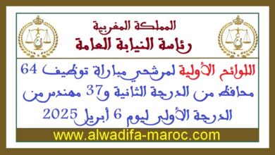 اللوائح الأولية لمرشحي مباراة توظيف 64 محافظ من الدرجة الثانية و37 مهندس من الدرجة الأولى ليوم 6 أبريل 2025