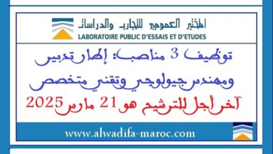 إطار تدبير ومهندس جيولوجي وتقني متخصص. آخر أجل للترشيح هو 21 مارس 2025