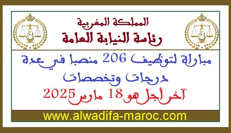 مباراة لتوظيف 206 منصبا في عدة درجات وتخصصات، آخر أجل هو 18 مارس 2025 1 مباراة لتوظيف 206 منصبا في عدة درجات وتخصصات، آخر أجل هو 18 مارس 2025
