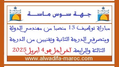 مباراة توظيف 13 منصبا من مهندسي الدولة ومتصرفي الدرجة الثانية وتقنيين من الدرجة الثالثة والرابعة. آخر أجل هو 4 أبريل 2025