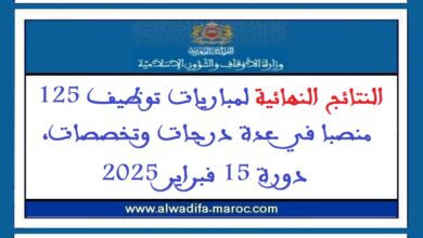 النتائج النهائية لمباريات توظيف 125 منصبا في عدة درجات وتخصصات، دورة 15 فبراير 2025