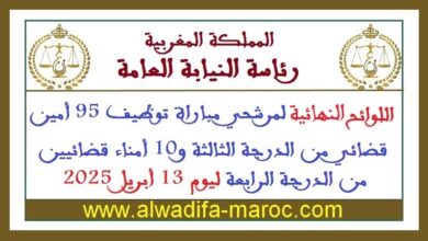 اللوائح النهائية لمرشحي مباراة توظيف 95 أمين قضائي من الدرجة الثالثة و10 أمناء قضائيين من الدرجة الرابعة ليوم 13 أبريل 2025