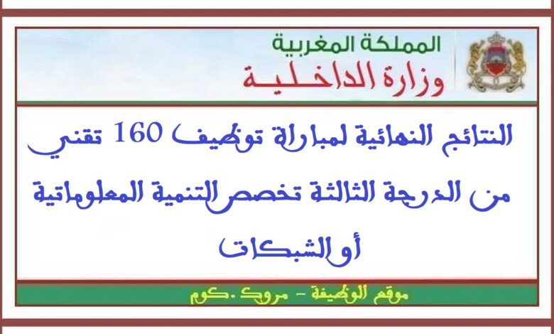 النتائج النهائية لمباراة توظيف 160 تقني من الدرجة الثالثة تخصص التنمية المعلوماتية أو الشبكات 1 النتائج النهائية لمباراة توظيف 160 تقني من الدرجة الثالثة تخصص التنمية المعلوماتية أو الشبكات