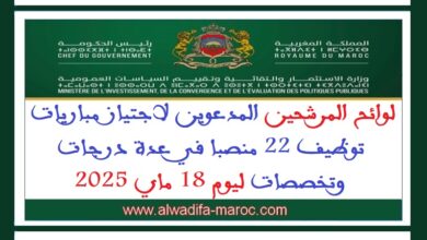 لوائح المرشحين المدعوين لاجتياز مباريات توظيف 22 منصبا في عدة درجات وتخصصات ليوم 18 ماي 2025
