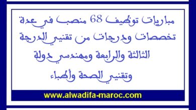 مباريات توظيف 68 منصب في عدة تخصصات ودرجات من تقنيي الدرجة الثالثة والرابعة ومهندسي دولة وتقنيي الصحة وأطباء
