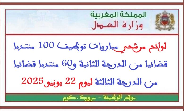 لوائح مرشحي مباريات توظيف 100 منتدبا قضائيا من الدرجة الثانية و60 منتدبا قضائيا من الدرجة الثالثة ليوم 22 يونيو 2025 1 لوائح مرشحي مباريات توظيف 100 منتدبا قضائيا من الدرجة الثانية و60 منتدبا قضائيا من الدرجة الثالثة ليوم 22 يونيو 2025