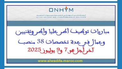 مباريات توظيف أطر عليا وأطر وتقنيين وعمال في عدة تخصصات 38 منصب. آخر أجل هو 7 و9 يوليوز 2025