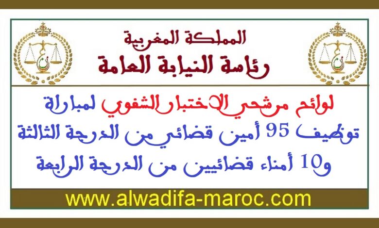 لوائح مرشحي الاختبار الشفوي لمباراة توظيف 95 أمين قضائي من الدرجة الثالثة و10 أمناء قضائيين من الدرجة الرابعة 1 لوائح مرشحي الاختبار الشفوي لمباراة توظيف 95 أمين قضائي من الدرجة الثالثة و10 أمناء قضائيين من الدرجة الرابعة