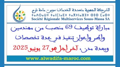 مباراة توظيف 69 منصب من مهندسين وأطر وأعوان تنفيذ في عدة تخصصات وبعدة مدن، آخر أجل هو 27 يونيو 2025