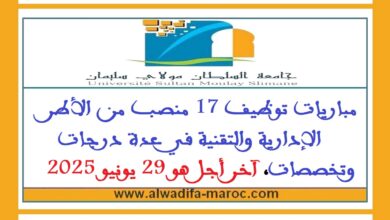 جامعة السلطان مولاي سليمان - بني ملال: مباريات توظيف 17 منصب من الأطر الإدارية والتقنية في عدة درجات وتخصصات، آخر أجل هو 29 يونيو 2025